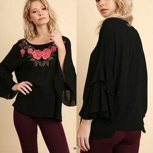 Floral Bell Sleeve Embroidery Rose Black Top Shirt